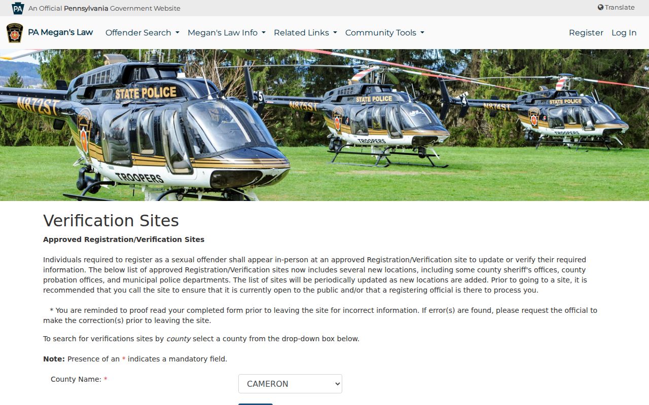 Cameron County sex offender verification site at PSP Emporium