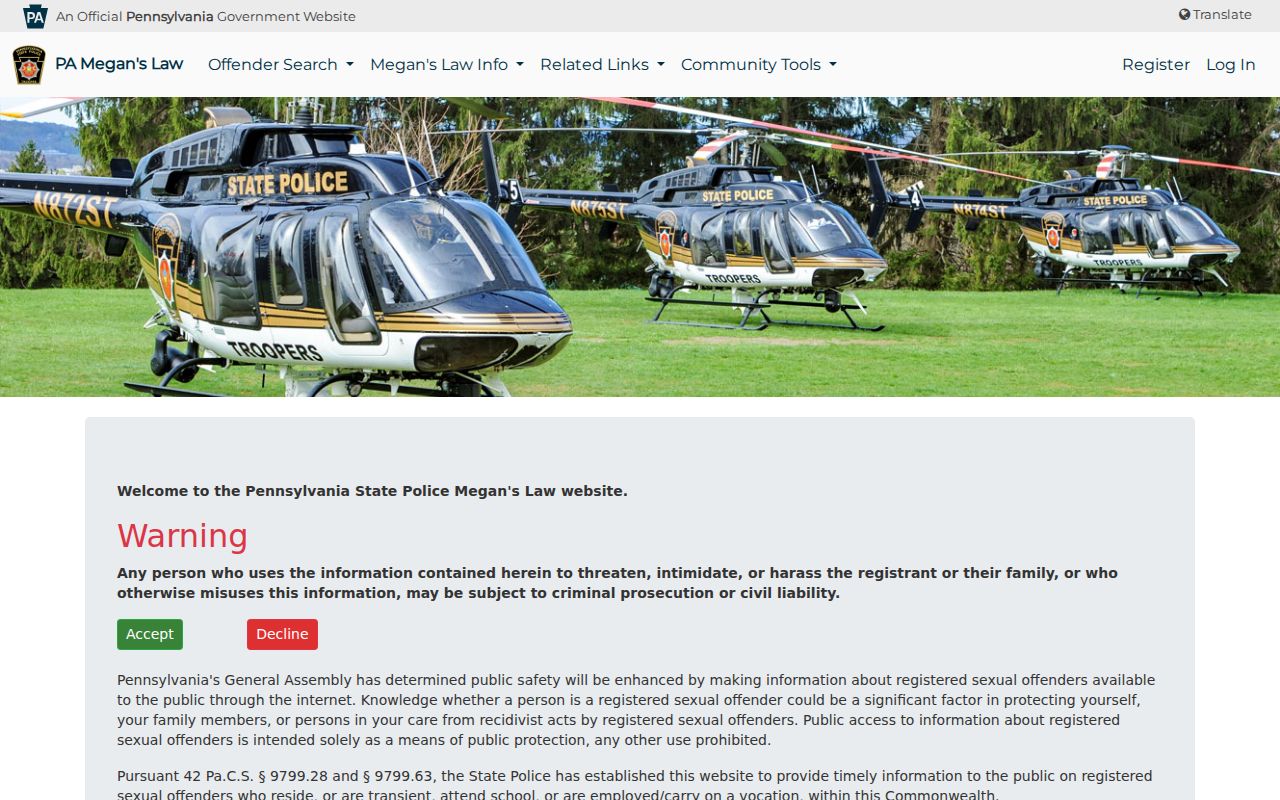 Cameron County sex offender search on Pennsylvania Megan's Law website